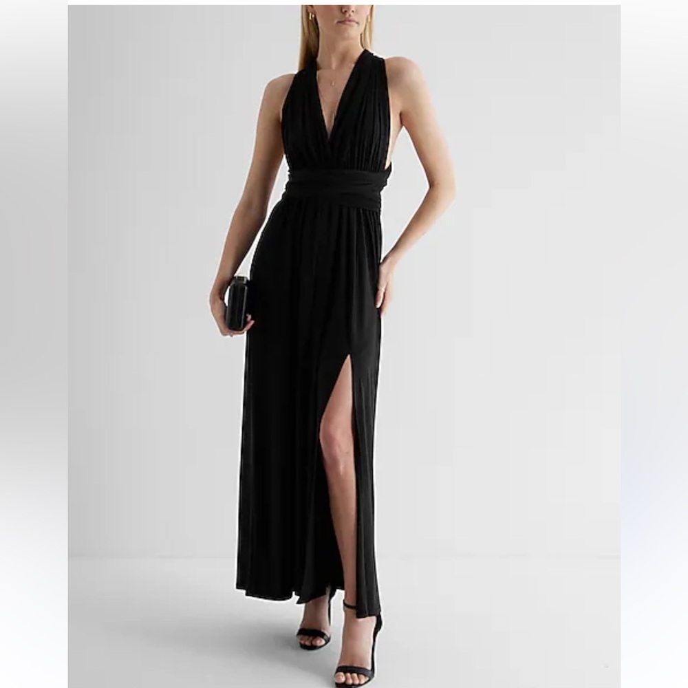 V-Neck Sleeveless Convertible Side Slit Maxi Dress Express NWOT BLACK Large